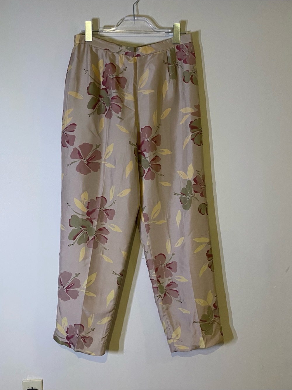 Adrianna Papell Silk Beige Floral Wide-Leg Pants